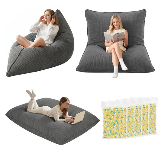 Artiss 3 in 1 Bean Bag Chair with Filler Convertible Bean Bag for Adults, Corduroy DIY Stuffed Bean Bag Sofa Washable for Living Room Bedroom, Grey