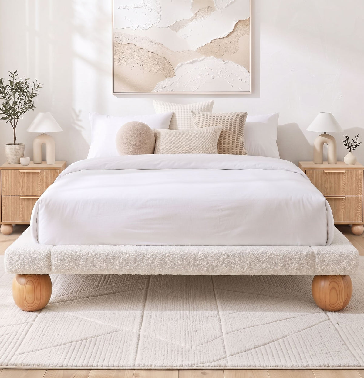 Artiss Queen Bed Frame and 2 Bedside Table Set, Boucle Upholstery Platform Bed