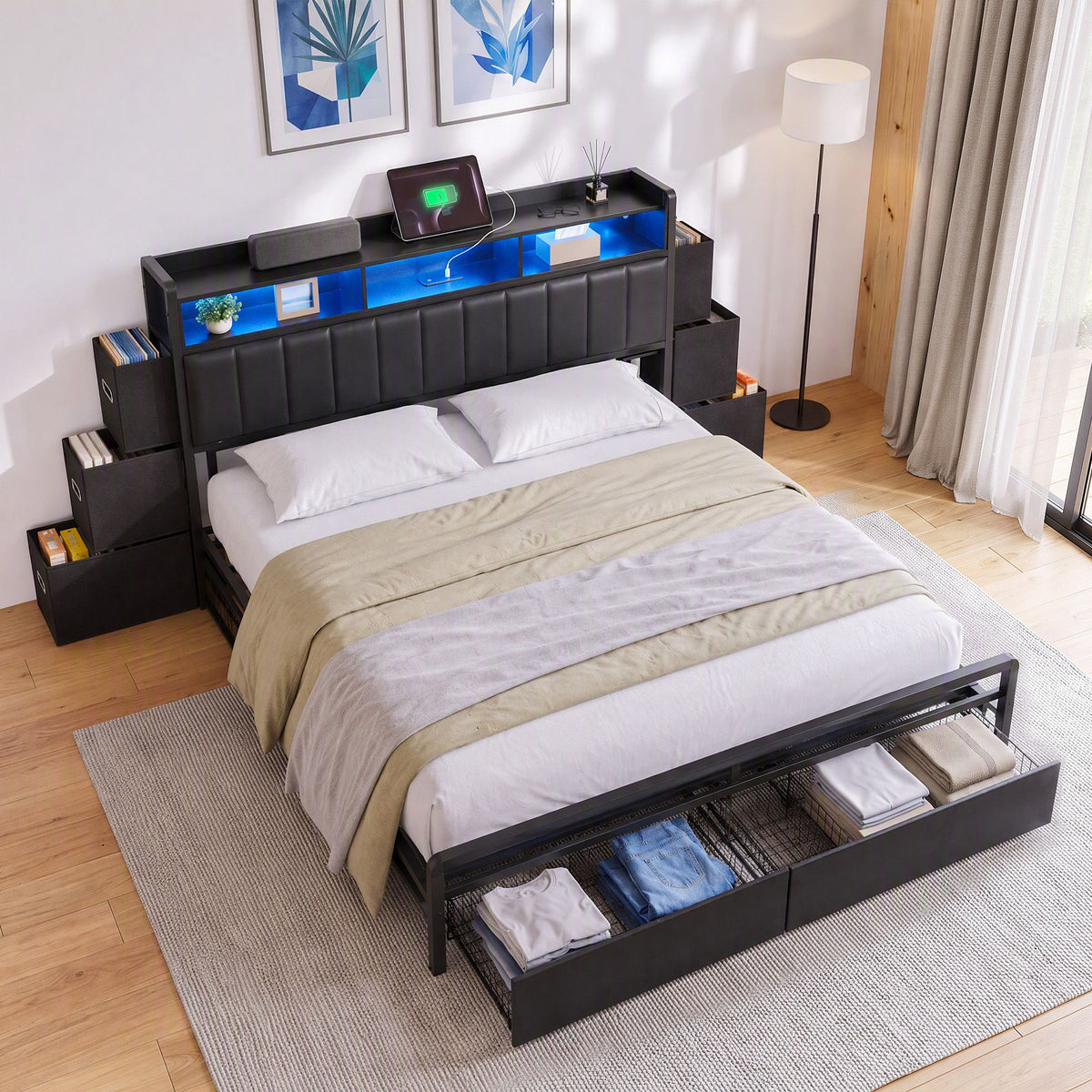 Artiss King Bed Frame with Storage Headboard, 2 Drawers, Charging Station & LED Light