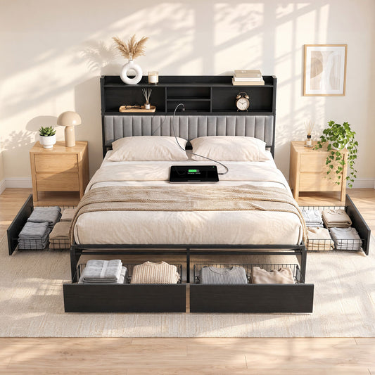 Artiss King Bed Frame with Storage, 4 Drawers and Charging Station