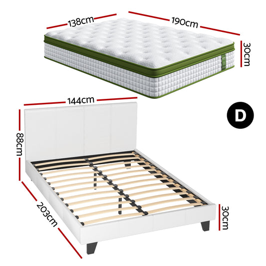Artiss Double Bed Frame Platform White PVC Leather Hybrid Mattress Modern