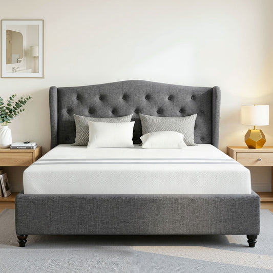 Artiss and BedStory Double Bed Frame and Mattress Set Memory Foam Cooling Gel Medium Soft Tufted Wing Headboard Grey