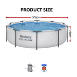 Bestway 305CM Swimming Pools Steel Above Ground Round Backyard Pool Set White