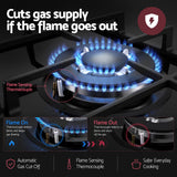 Devanti 59cm Gas Cooktop 3 Burner Knob Control Glass Hob Cast Iron Black
