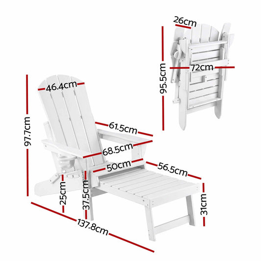 Gardeon Folding Sun Lounger Adirondack Chair Outdoor Lounge Setting HDPE Recliner Footrest White