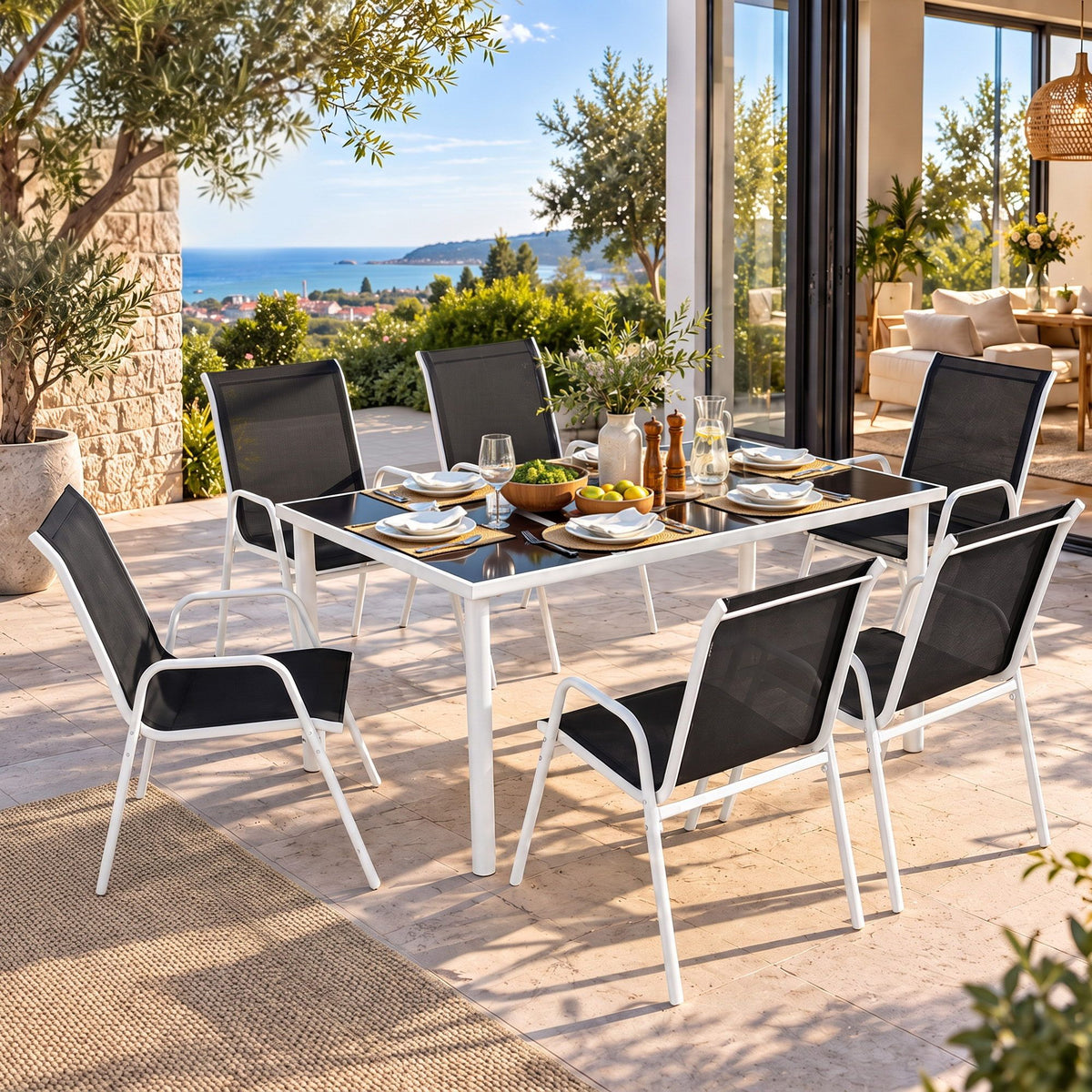 Gardeon 7 Piece Outdoor Dining Set Steel Textilene Patio Furniture Table and Chairs Black