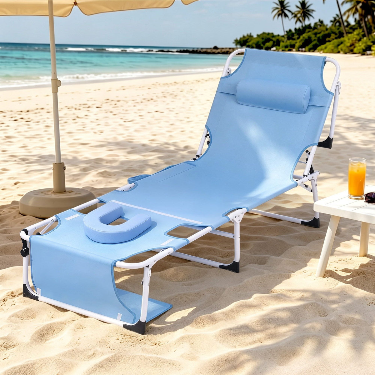 Gardeon Sun Lounger 5 Position Folding Tanning Chair with Face Hole Blue