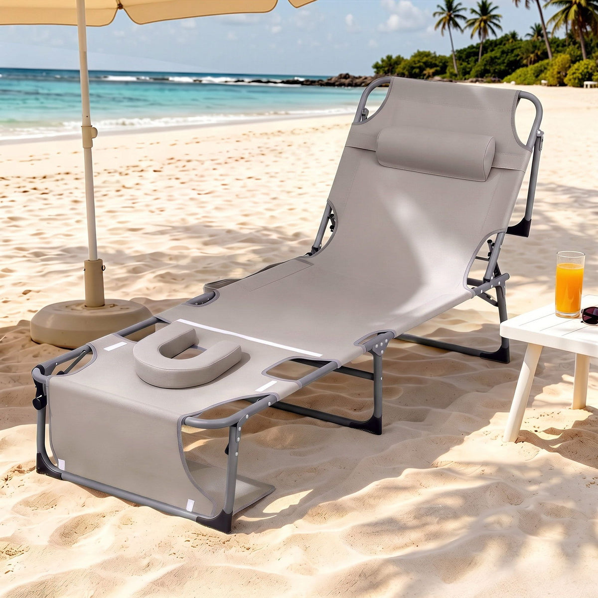 Gardeon Sun Lounger 5 Position Folding Tanning Chair with Face Hole Khaki