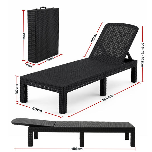 Gardeon Sun Lounge Outdoor Folding Recliner Patio Pool Beach Chair Rattan Black