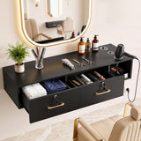 Artiss Wall Mounted Salon Station Cabinet, Hair Styling Station with 2 Lockable Drawers & 3 Appliance Holders, Wooden Barber Spa Equipment for Vanity, Black