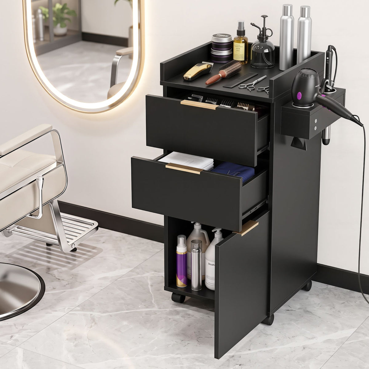 Artiss Professional Salon Station Rolling Cart, Hair Styling Beauty Cabinet with 2 Drawers, Large Supply Cabinet & 3 Appliance Holders, Wood Barber Spa Trolley with 360° Wheels for Skincare & Vanity, Black