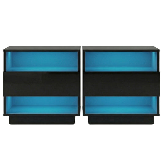 Artiss 2x Bedside Table LED with 2 Shelves - HANA Black