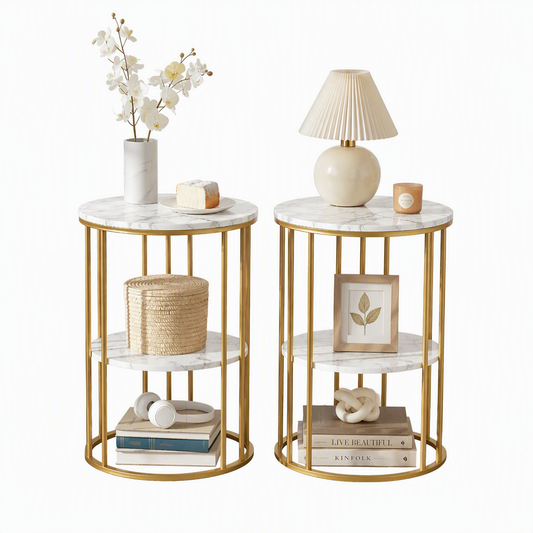 Artiss Side Table Set of 2 Marble Effect Round Coffee Table 2 Tier End Bedside Table Nightstand White&Gold