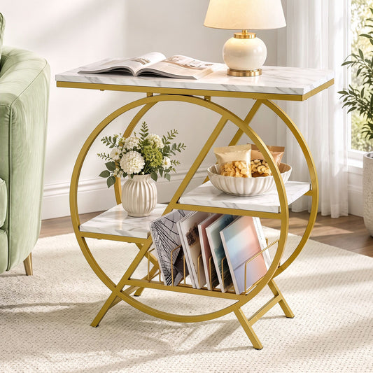 Artiss Side Table Marble Finish Coffee Table Nightstand Storage Shelf White&Gold