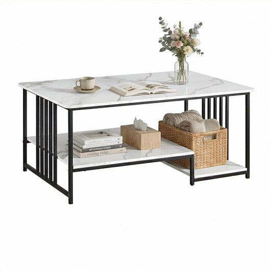 Artiss Coffee Table 100cm Faux Marble Finish Center Table 2-Tier Storage White&Black