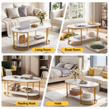 Artiss Coffee Table 2 Tier Oval Marble Finish Storage Shelf Metal Frame Center Table Living Room 100x50x45cm White & Gold