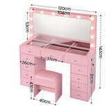 Artiss Dressing Table Charging Station LED Vanity Desk Set Stool Glass Top Make up Mirror Storage Drawer Pink