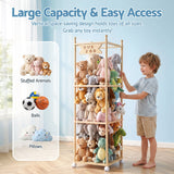 Keezi Stuffed Animal Storage Wooden Toy Holder with Wheels Soft Toy Storage Zoo Cage Stuffy Toy Storage Organizers with Elastic Cords for Playroom Bedroom Nursery