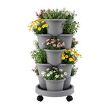 Green Fingers 5 Tier Vertical Garden Planter, Stackable Planters with 4 Wheels, Grey, Raised Garden Bed, Garden Tower Indoor Outdoor, Auto Drainage System, for Strawberries, Herbs, Flower, Vegetables