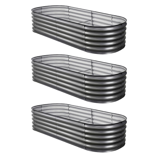 Green Fingers 3 Pcs Raised Garden Bed Kit Oval Galvanized Steel Planter Boxes 160x80x42cm, Heavy Duty Metal Elevated Garden Bed for Vegetables Flowers Herbs, with Safety Edging, Gloves & Pegs Included