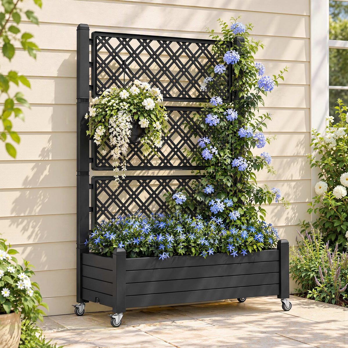 Green Fingers Mobile Planter Box with Trellis, Self Watering Garden Bed & Privacy Screen for Climbing Plants Flowers, Black