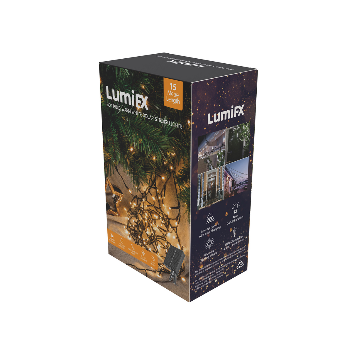 LUMIFX 300 LED SOLAR POWERED STRING LIGHTS 8 LIGHT EFFECTS 15 METRES - WARM WHITE