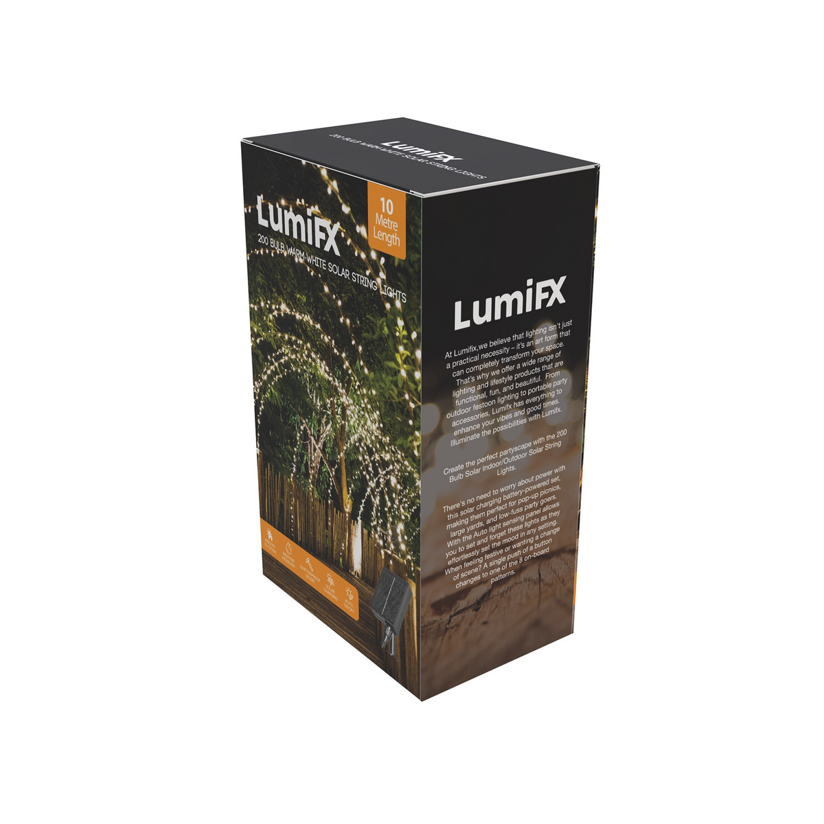LUMIFX 200 LED SOLAR POWERED STRING LIGHTS 8 LIGHT EFFECTS 10 METRES - WARM WHITE