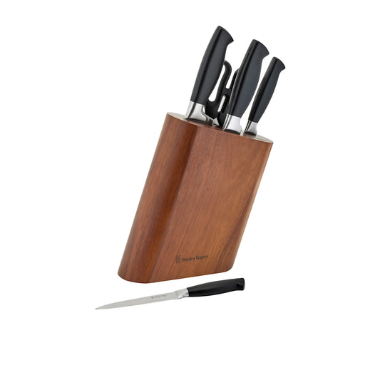 Stanley Rogers slanted oval knife block set 6 piece with acacia wood top and matte black body