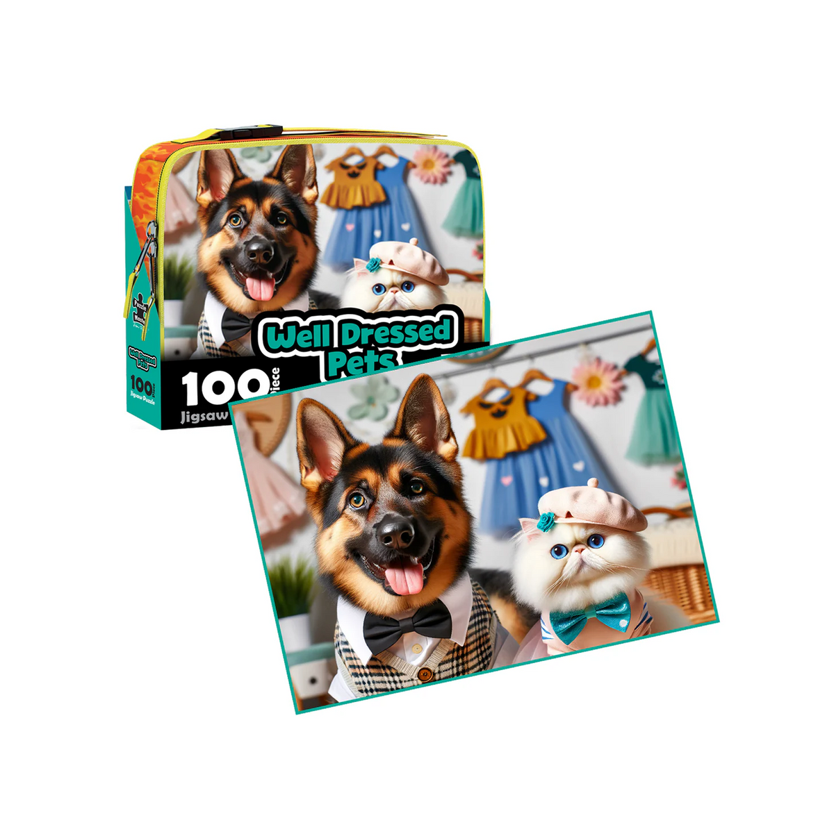 PUZZLE MASTER 100 Piece Lunch Box Puzzle Dressed Pets AR Edition