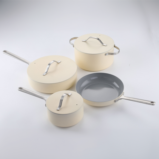 AMERCOOK CAYENNE CERAMIC COATED 7 PIECE COOKWARE SET IVORY