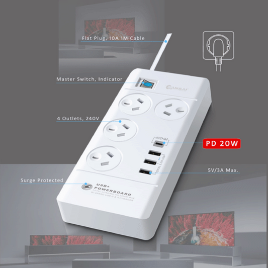 SANSAI 4 OUTLET USB-A & USB-C POWERBOARD