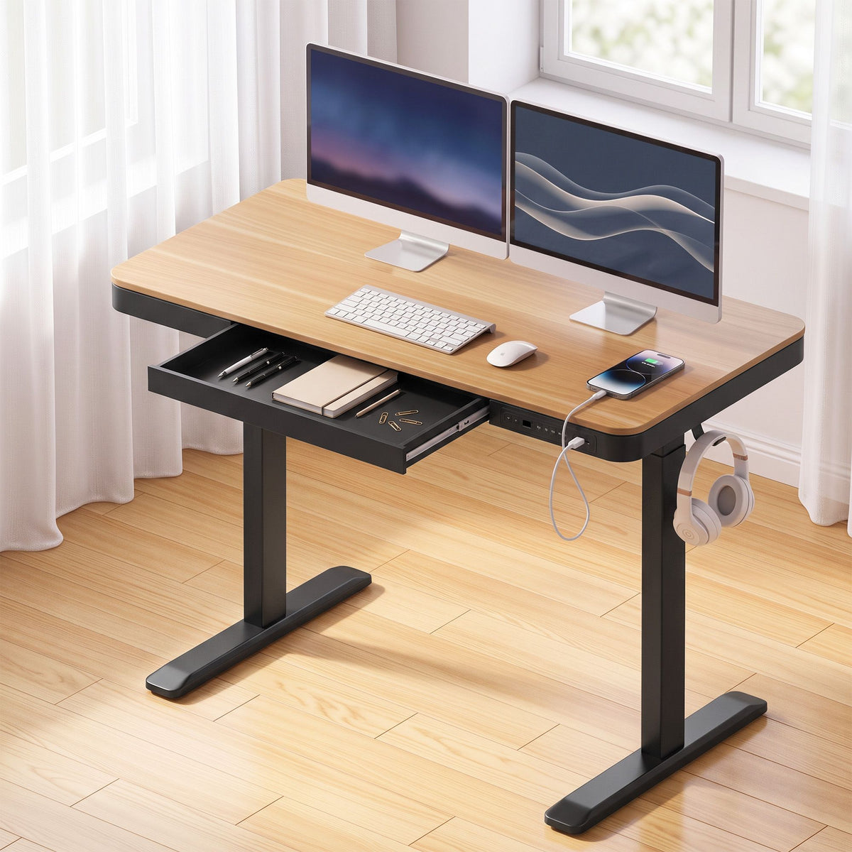 Artiss Motorised Standing Desk with Storage Drawer 120cm Wood Black