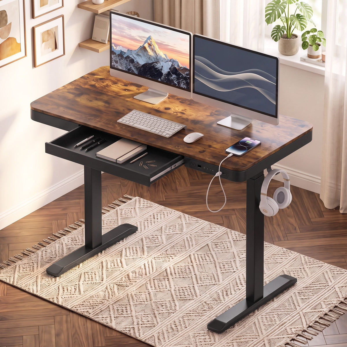 Artiss Motorised Standing Desk with Storage Drawer 120cm Rustic Brown