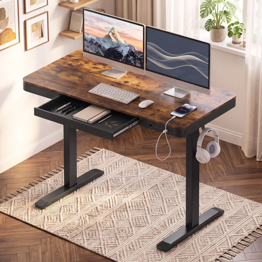 Artiss Motorised Standing Desk with Storage Drawer 120cm Rustic Brown