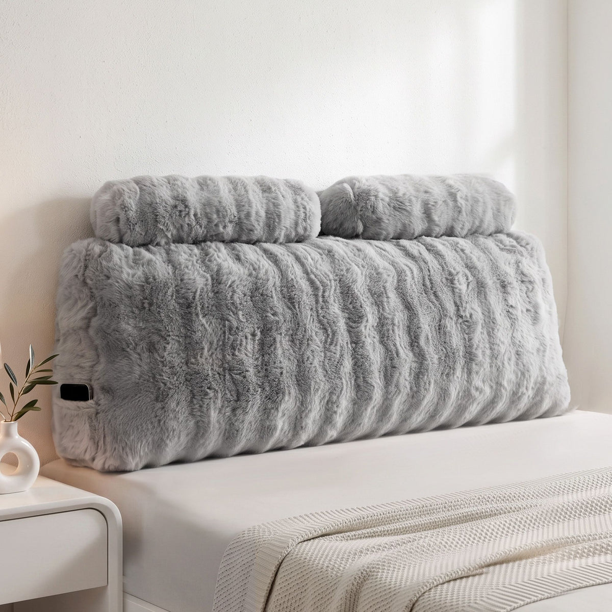 Giselle Wedge Pillow Headboard, Easy Wash Zipper Cover & Anti-Flat Foam, Couch Lumbar Support for Dorm Readers, 340g Faux Rabbit Fur with Dual Pockets, Double