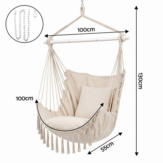 Gardeon Hammock Chair Camping Macrame Hanging Swing Cushions Metal Bar Cream