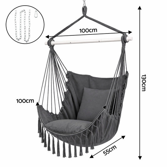 Gardeon Hammock Chair Camping Macrame Hanging Swing Cushions Metal Bar Grey