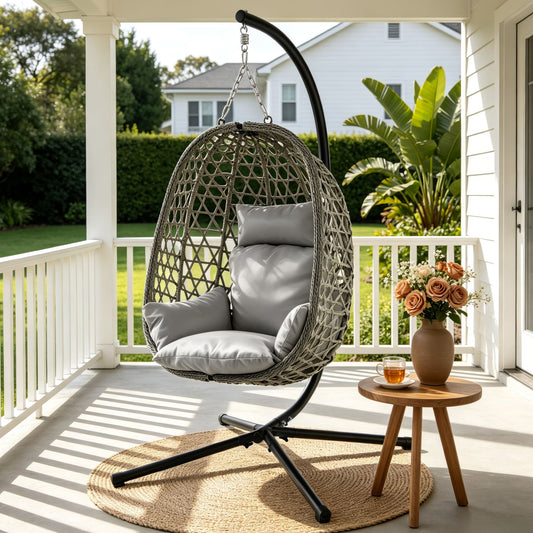 Gardeon Outdoor Swing Chair with Stand Cushion Rattan Furniture Grey