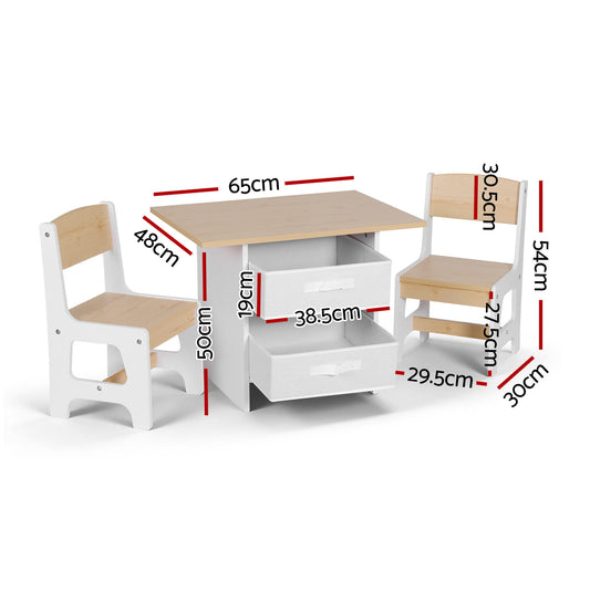 Keezi Kids Table and 2 Chairs Set Wooden Activity Table wit 2 Storage Drawers, Toddler Table and Chair Set for Children Drawing, Reading, Crafts, Eating, Natural