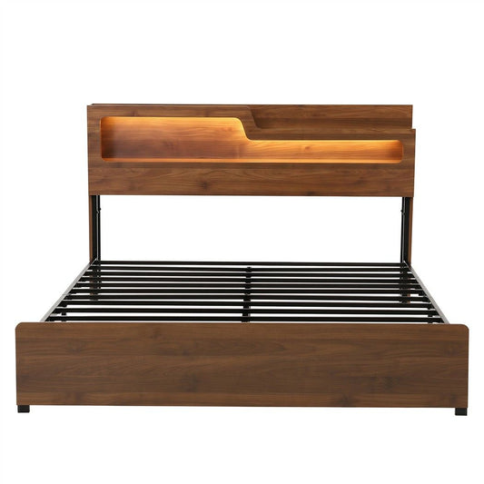 Artiss King Bed Frame Metal with Charging Station LED Light Storage Shelf