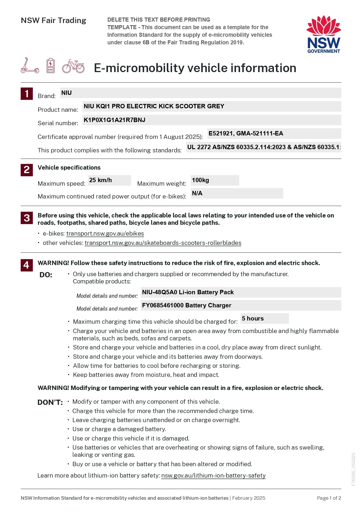 E-micromobility vehicle information sheet with NUV scooter details and NSW Fair Trading logo.