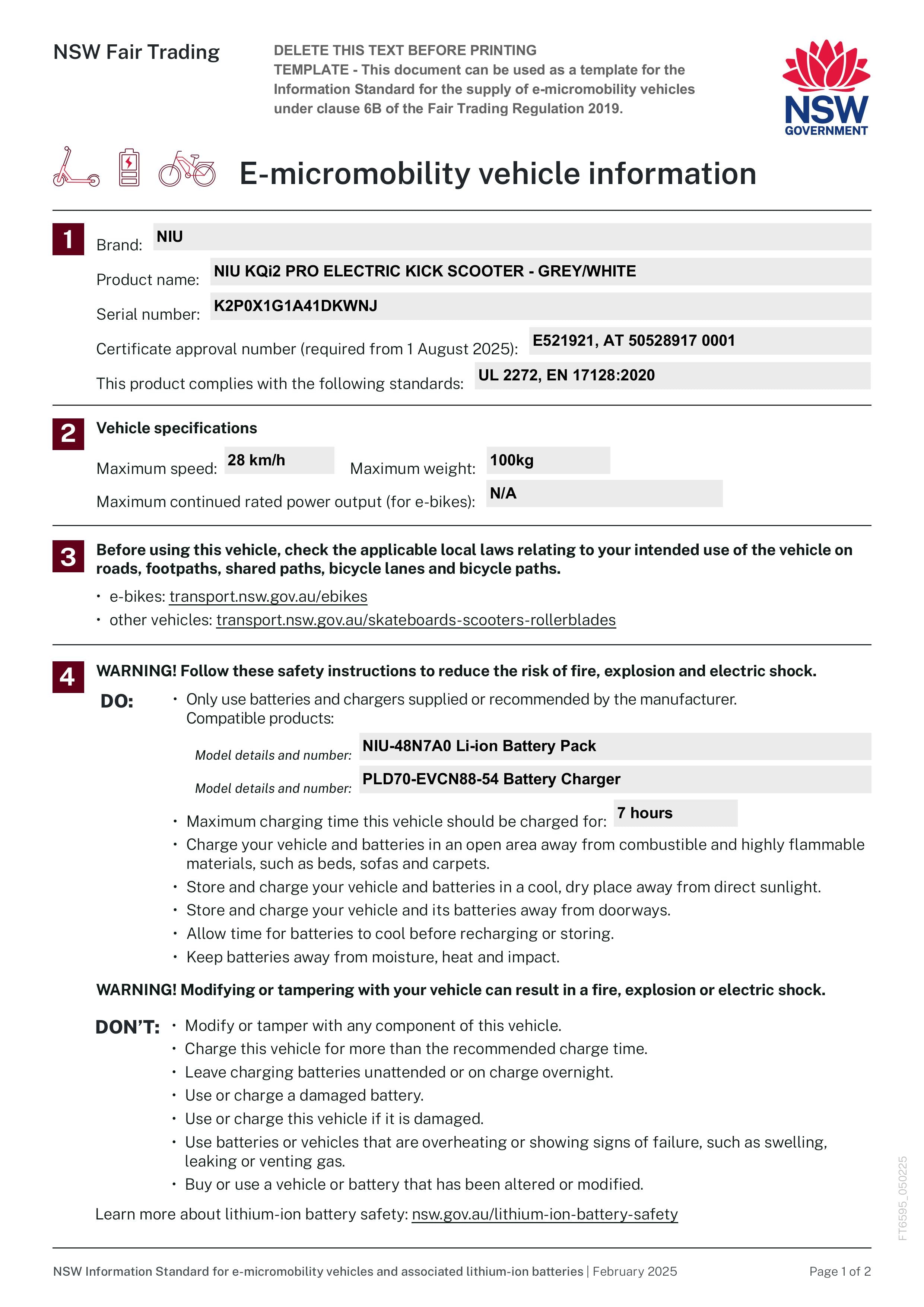 E-micromobility vehicle information sheet from NSW Fair Trading with product details and safety instructions.
