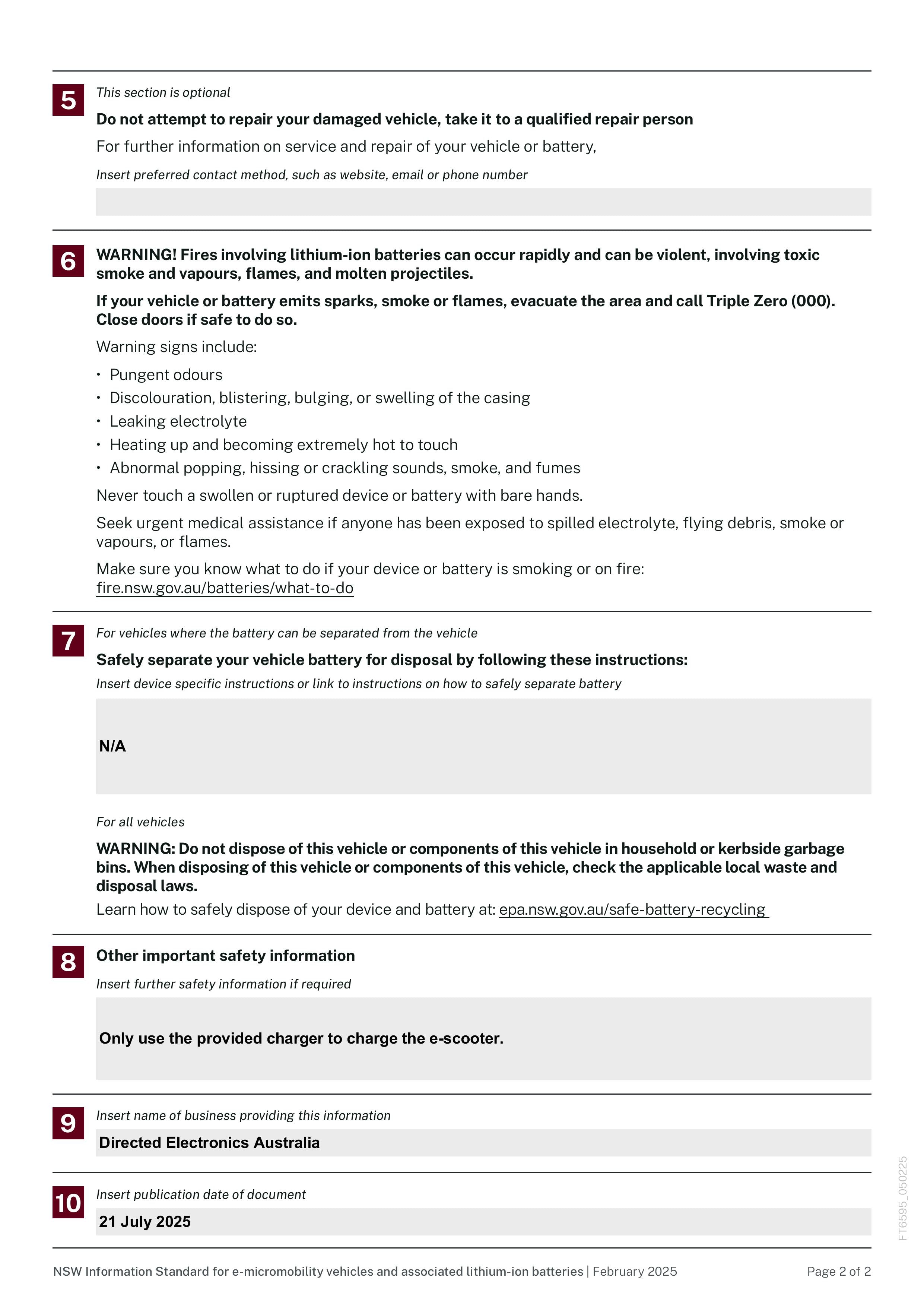 Section of a document with safety instructions for vehicle batteries, including warnings and disposal information.
