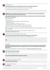 Section of a document with safety instructions for vehicle batteries, including warnings and disposal information.