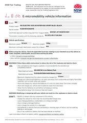 E-micromobility vehicle information sheet from NSW Fair Trading with product details and safety instructions.