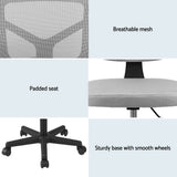 Artiss Armless Office Chair with Wheels, Ergonomic 360Â° Swivel Home Office Desk Chair, Height Adjustable Computer Task Chair with Fabric Back and Seat for Small Space, Grey