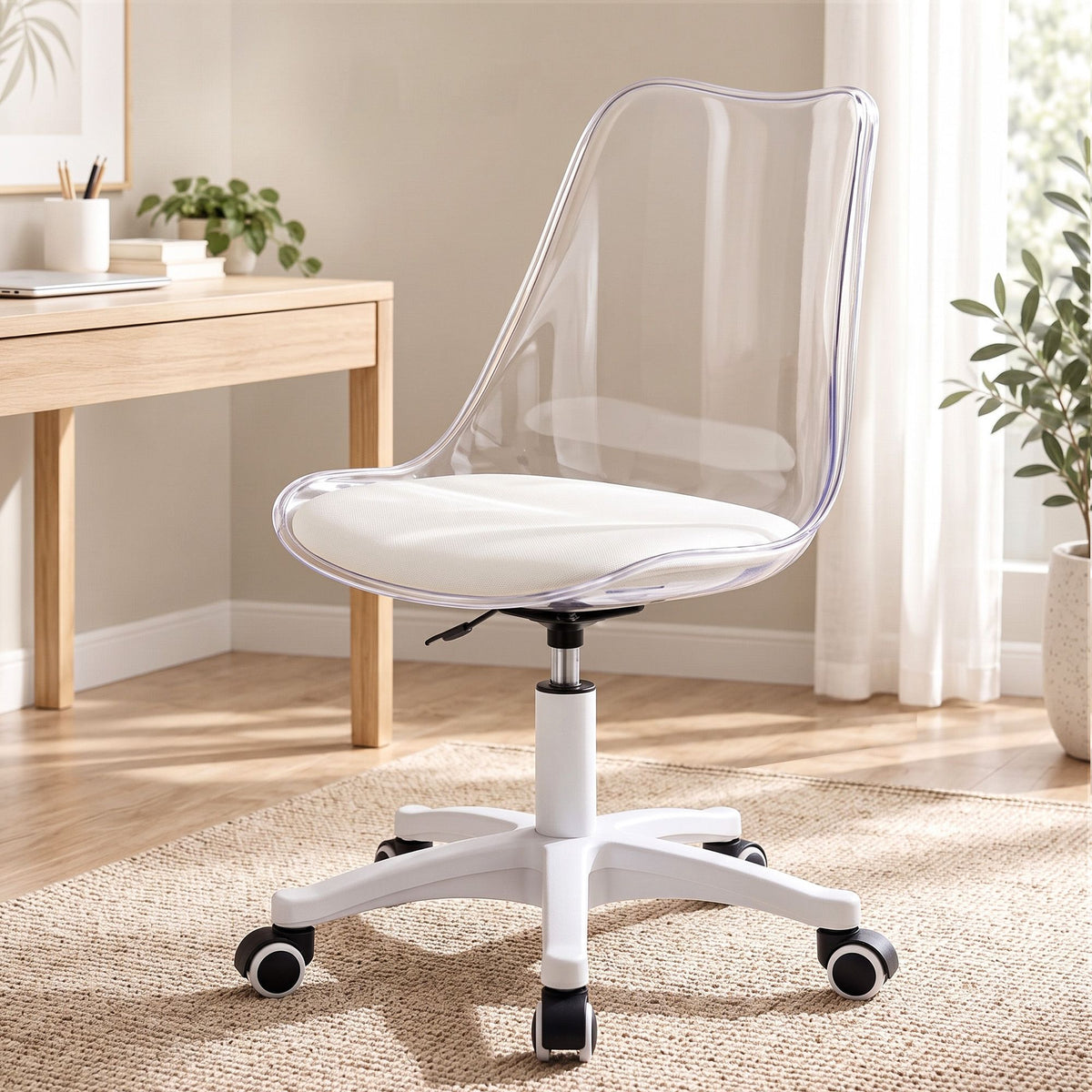 Artiss Clear Acrylic Office Chair Armless Swivel Vanity Desk Chair Mondern White