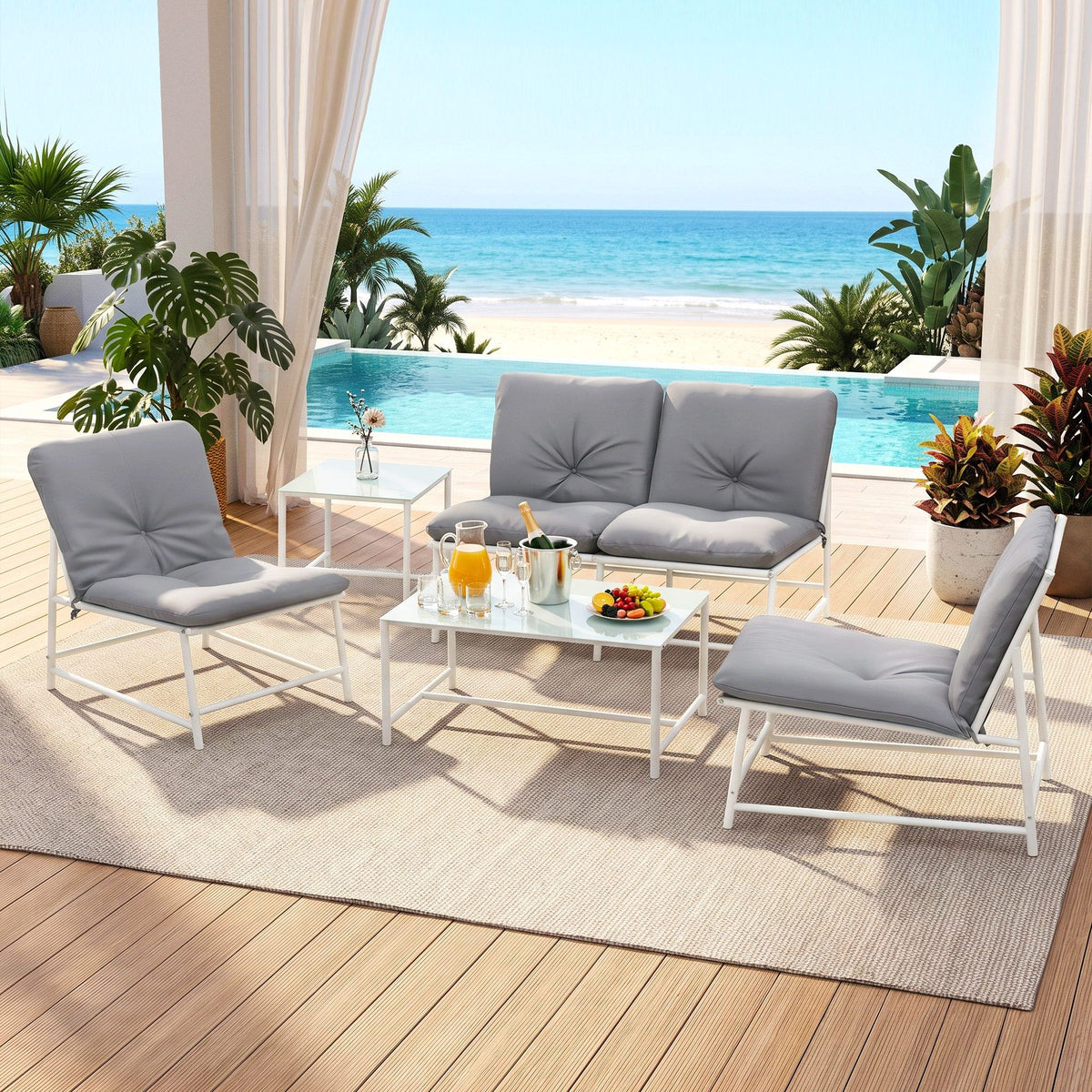 Gardeon 5-Piece Outdoor Sofa Set with Cushions table and Chairs White
