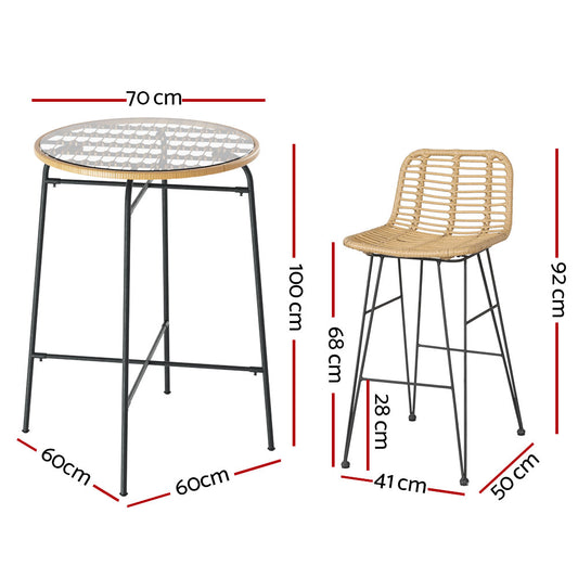 Gardeon 3-Piece Outdoor Bar Set Wicker Table Chairs Patio Bistro