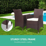 Gardeon 3PC Outdoor Bistro Set Patio Furniture Wicker Setting Chairs Table Cushion Brown